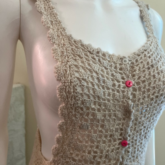 Y2K BOHO 💋 Beige Knit FESTIVAL Sleeveless Midi HIPPIE Vest Top Womens S - Picture 3 of 7